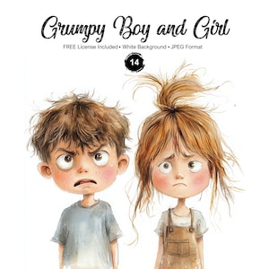 May include: A watercolour illustration of a boy and girl with unhappy expressions. The boy wears a blue top, and the girl wears brown overalls. The image includes the text "Grumpy Boy and Girl".