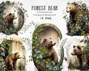 Forest Bear Watercolor Clipart, Enchanted Bears PNG, Nature Themed Projects, Whimsical Forest Animals, Cute Fluffy Brown Bear Art Collection
