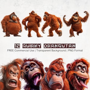 May include: A collection of 12 quirky orangutan illustrations in various poses and expressions. The orangutans are depicted in shades of brown and orange, with detailed fur and expressive faces. Text at the bottom reads "12 Quirky Orangutan" and other details.