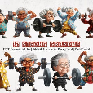 Abuela Clipart Levantamiento de pesas Abuela Gráficos divertidos para diseño de tarjeta de invitación de cumpleaños divertido