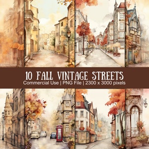 Papel digital imprimible de calles vintage de otoño con caminos con follaje retro y tema otoñal Descarga instantánea