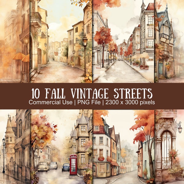 Fall Vintage Streets, Autumn Season, Fall Digital Papers PNG File, Autumn Alley, Retro Streetscapes, Fall Foliage Roads, Cozy Urban Corners