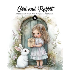 Clipart fille et lapin, graphiques JPEG, illustrations fantaisistes de style cottagecore pour le journal indésirable et les créations de scrapbooking