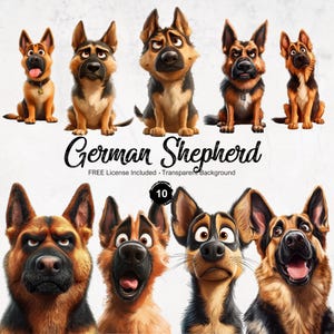 Funny German Shepherd PNG Clipart Bundle: Humorous Pet Illustrations (Instant Download