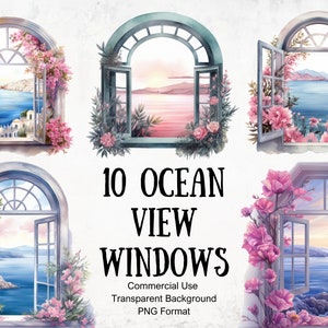Oceaanlandschap venster aquarel clipart, oceaanzicht raam clipart, fantasie clipart, Middellandse Zee bundel png, fantasie raamafbeeldingen