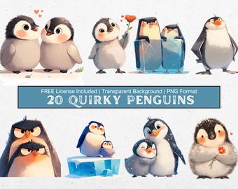 Quirky Penguins Clipart Cute Arctic Animal Graphics Flightless Bird PNG Illustrations