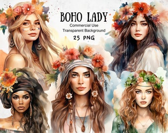 Watercolor Boho Woman Clipart: Diverse Ladies PNG (Digital Download)