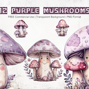 Clipart champignon violet, graphiques fantastiques de plantes forestières, PNG Kawaii champignon, Collection de cliparts aquarelle, grappe de champignons esthétique