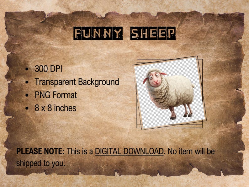 May include: A digital download of a cartoon sheep with a funny expression. The sheep is white with a black nose and hooves. The image is 8 inches by 8 inches and has a transparent background.