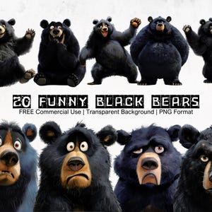 Lustig und schrullig Schwarzbären Clipart Bundle, 20 hochwertige PNG-Dateien, druckbare Bären, Waldtier Grafiken, Bär Illustration Bundle