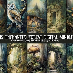 Papier numérique imprimable forêt enchantée fantastique, papier numérique forêt magique mystérieuse, cartes Woodland, kit journal indésirable et album de scrapbooking