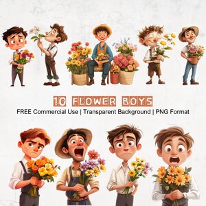 Könnte beinhalten: Eine digitale Illustration mit zehn Cartoon-Blumenjungen, die jeweils bunte Blumensträuße halten oder umgeben sind. Die Jungen werden in verschiedenen Posen und Ausdrücken dargestellt. Der Text lautet "10 Flower Boys" und "FREE Commercial Use | Transparent Background | PNG Format."
