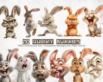 Quirky Bunnies Clipart Bundle, Funny Bunny Graphics PNG, Humorous Animal Illustrations Instant Download, Transparent Bunny, Junk Journal Kit