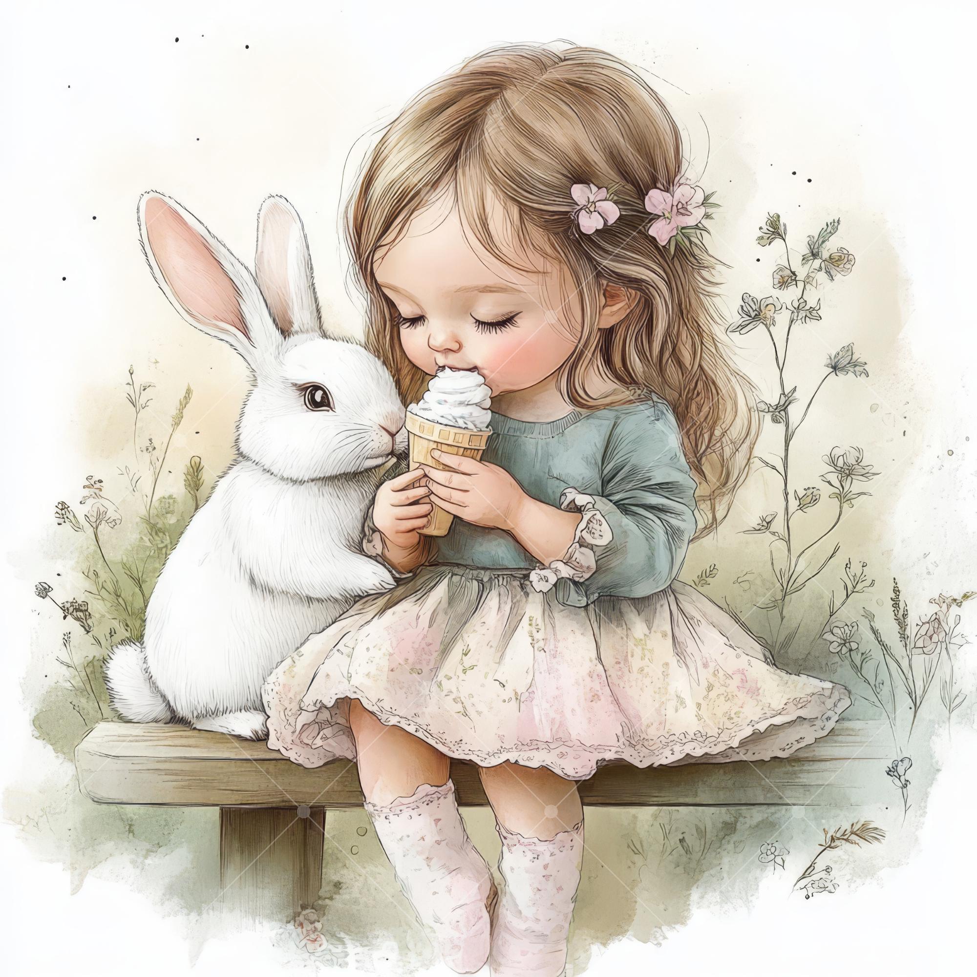 Girl and Bunny Clipart: Whimsical Cottagecore JPEG Graphics (digital ...