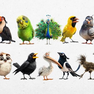 Puede incluir: Una colecci&oacute;n de p&aacute;jaros de dibujos animados coloridos, que incluyen un tuc&aacute;n, un periquito, un pavo real, un p&aacute;jaro amarillo, una paloma, un b&uacute;ho, un mirlo, un pel&iacute;cano, una urraca, un avestruz y un p&aacute;jaro con un pico rojo.