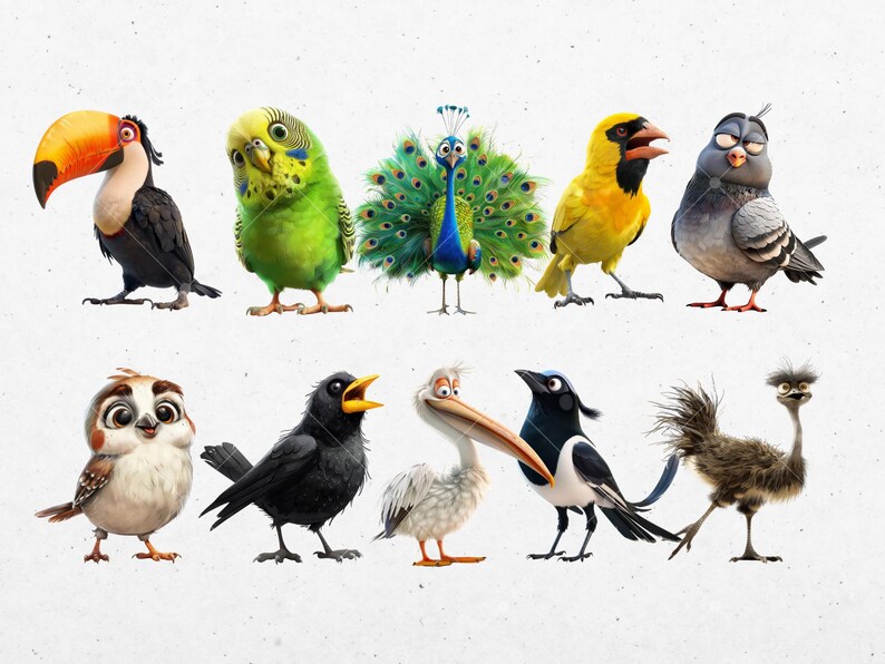 Puede incluir: Una colecci&oacute;n de p&aacute;jaros de dibujos animados coloridos, que incluyen un tuc&aacute;n, un periquito, un pavo real, un p&aacute;jaro amarillo, una paloma, un b&uacute;ho, un mirlo, un pel&iacute;cano, una urraca, un avestruz y un p&aacute;jaro con un pico rojo.