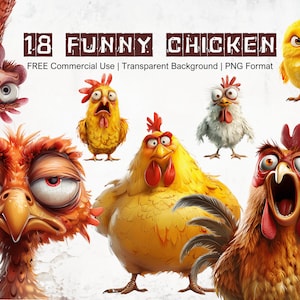 Imágenes prediseñadas de pollo divertido, expresiones extravagantes, descarga instantánea, animales de granja cómicos caprichosos con fondo transparente