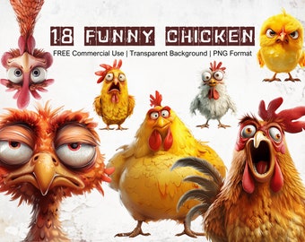 Funny Chicken Clipart Quirky Expressions Instant Download Whimsical Comic Farm Animals with Transparent Background