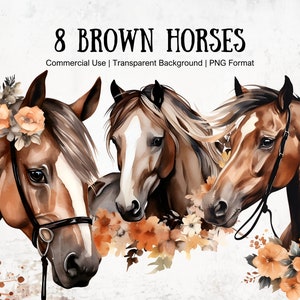 Cavalo Clipart Aquarela Imprimível Gráficos Marrom Floral Pônei Imagens com Fundo Transparente para Convite Cartão Design e Artes de Parede