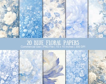 Printable Blue Floral Pages Digital Decoupage Paper Decorative Ephemera Downloadable Pack