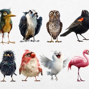 Puede incluir: Una colecci&oacute;n de ocho p&aacute;jaros de dibujos animados con diferentes colores y caracter&iacute;sticas. Los p&aacute;jaros est&aacute;n todos mirando hacia adelante y tienen una variedad de expresiones.