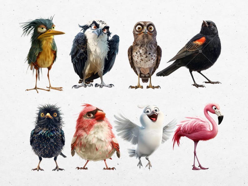 Puede incluir: Una colecci&oacute;n de ocho p&aacute;jaros de dibujos animados con diferentes colores y caracter&iacute;sticas. Los p&aacute;jaros est&aacute;n todos mirando hacia adelante y tienen una variedad de expresiones.