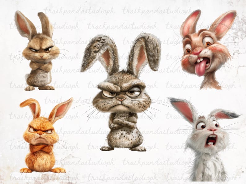 Quirky Bunnies Clipart Bundle, Funny Bunny Graphics PNG, Humorous ...