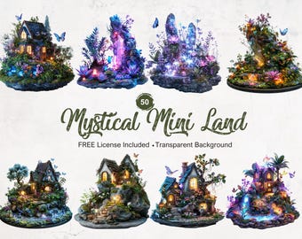 50 Mini Land Clipart Jardín místico Mundo en miniatura caprichoso con fondo transparente