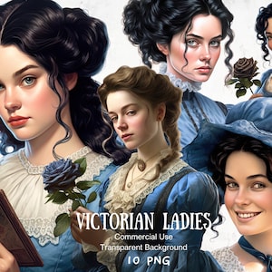 Clipart de senhoras vitorianas em azul, projetos temáticos vintage, kit de diário e álbum de recortes, arte elegante de mulheres vitorianas, elegância clássica