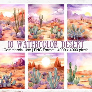 Lot de papier numérique aquarelle désert | 10 fichiers PNG | Utilisation commerciale | Cactus aquarelle paysage désertique | Créations numériques | Scrapbooking