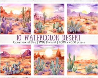 Watercolor Cactus Desert Landscape: 10 PNG Digital Paper Bundle (Commercial Use)