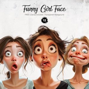 Quirky Girl Clipart Funny People Face Graphics Humorous Woman Illustrations | PNG Format Instant Download