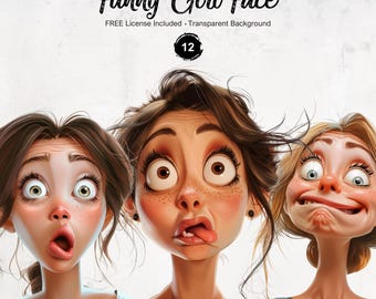 Quirky Girl Clipart Funny People Face Graphics Humorous Woman Illustrations | PNG Format Instant Download