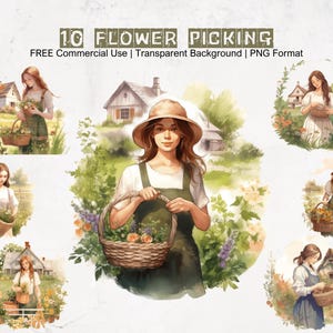 PNG 形式のクラフト プロジェクト用の透明な背景で花を摘む女性のガーデン クリップアート コレクション