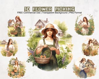 Flower Picking Clipart: Woman in Garden PNG Images (Digital Download)