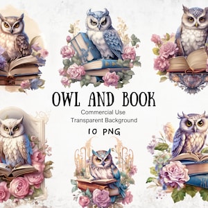Eule und Buch Pastell Aquarell, Blumen Eule und Buch, Fantasy Clipart, Junk Journal, Einladungskarte und Sublimationsdesign, kommerzielle Nutzung