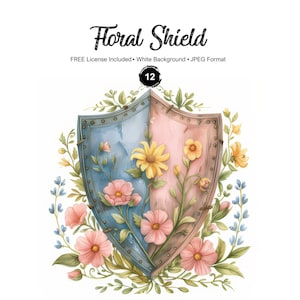 Puede incluir: Una ilustración de acuarela de un escudo floral con flores rosas, azules y amarillas. El escudo está hecho de metal y tiene un aspecto rústico y envejecido. Las flores están dispuestas alrededor del escudo en un patrón simétrico.