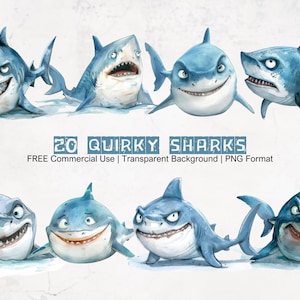 Funny Shark Clipart Bundle Printable Graphics Underwater Design Elements with Transparent Background in PNG Format