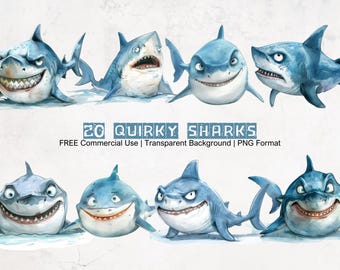 Aquarell Hai Clipart: lustige Unterwasser PNG Grafiken (digitaler Download)