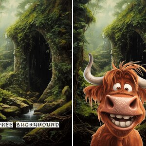 Puede incluir: Un toro marr&oacute;n y blanco de dibujos animados con una gran sonrisa y ojos grandes est&aacute; asom&aacute;ndose desde detr&aacute;s de una exuberante escena de bosque verde. El bosque tiene una gran abertura oscura en el medio de la escena.