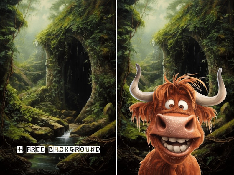 Puede incluir: Un toro marr&oacute;n y blanco de dibujos animados con una gran sonrisa y ojos grandes est&aacute; asom&aacute;ndose desde detr&aacute;s de una exuberante escena de bosque verde. El bosque tiene una gran abertura oscura en el medio de la escena.