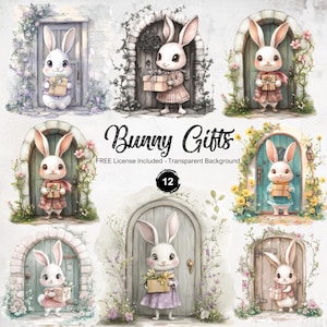 Bunny Clipart süsse, wunderliche Kaninchen Illustrationen | Hase mit Geschenken | PNG-Format | Sofort Download