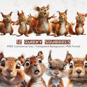 May include: A collection of twelve cartoon squirrels with expressive faces and poses. The squirrels are primarily brown and orange, with some displaying surprised or excited expressions. Text at the bottom reads "12 Quirky Squirrels".