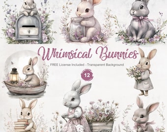 Whimsical Bunny Clipart Floral Rabbit Graphics Fantasy Animal Illustrations PNG Format Instant Download