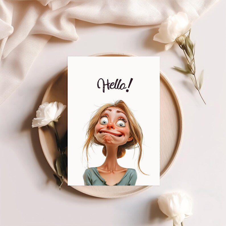 Może przedstawiać: Kartka z pozdrowieniami z kresk&oacute;wkową ilustracją kobiety robiącej śmieszną minę. Na kartce napisano słowo "Hello!" czcionką skryptową. Kartka leży na drewnianej tacy z białymi kwiatami.