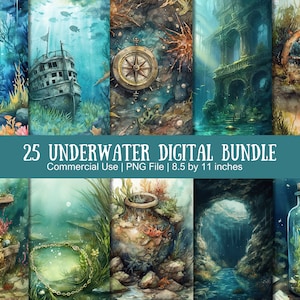 Underwater Printable Digital Paper, Under the Sea Whimsical Watercolor, Nature Ocean Landscape Backdrop, Junk Journal and Scrapbooking Kit
