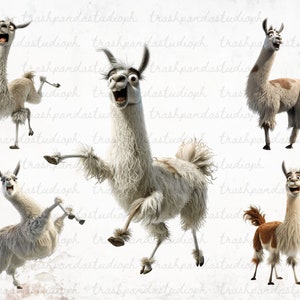 May include: Four cartoon llamas with different expressions and poses. The llamas are white with brown spots and have fluffy fur.