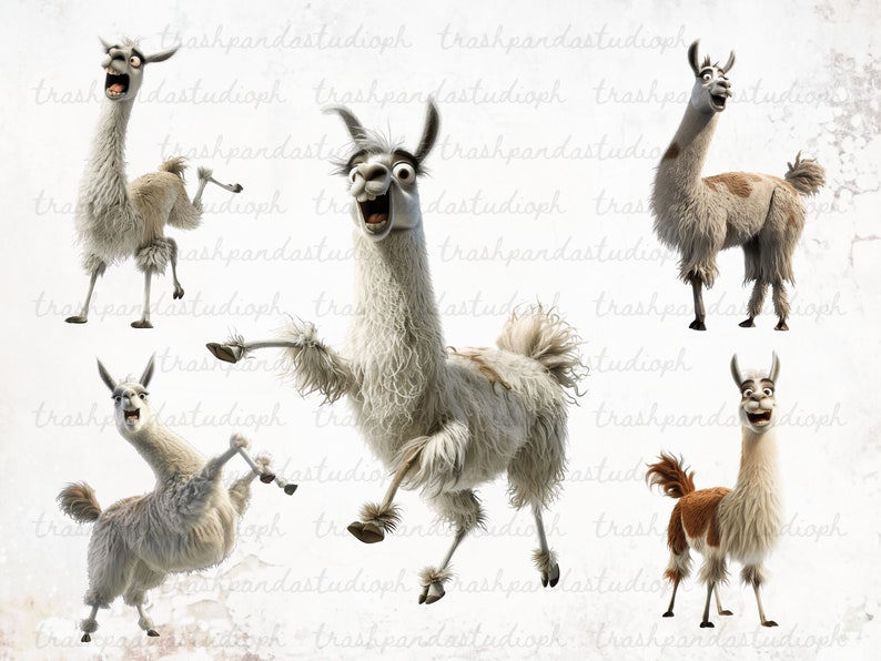 May include: Four cartoon llamas with different expressions and poses. The llamas are white with brown spots and have fluffy fur.