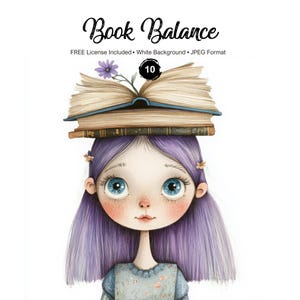 Clipart di equilibrio del libro JPEG - Immagini di allenamento posturale - Grafica divertente e particolare di ragazze - Collezione stravagante per Junk Journal