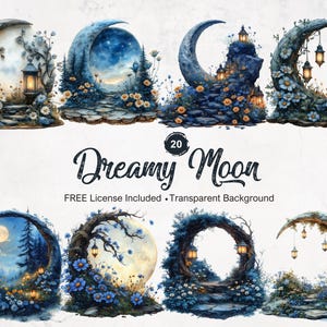 Moon Clipart Forest Whimsical Nature Themed Graphics Dreamy Nighttime Scenery